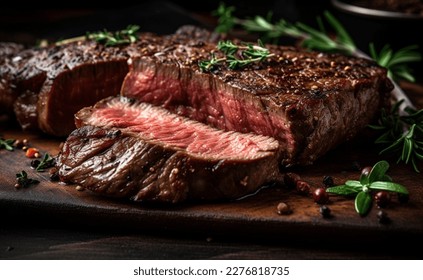 A steak on a cutting board with herbs and spices