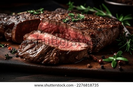 A steak on a cutting board with herbs and spices