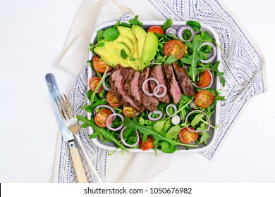 Steak Salad On The White Background. Steak Salad Isolated. Top View