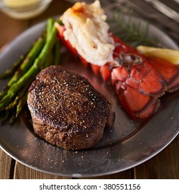 Steak And Seafood Lobster Dinner On Plate