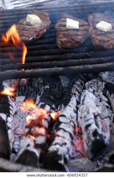 Steaks Grilling Over Camp Fire Pit Stock Photo Edit Now 606014357