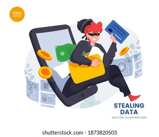 Stealing Data Vector Illustration Idea Concept For Landing Page Template, Hacker Fraud Alert, Money And Credit Card Information Download, Online Piracy With Data Phising, Internet Cybercrime Online. 