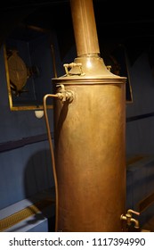 Steam Boiler On The Background Of The Portholes In The Dining Room On The Old Military Steam Ship Of The Late 19th Century.