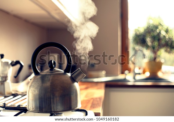 steam coming out\
of the kettle in the\
kitchen