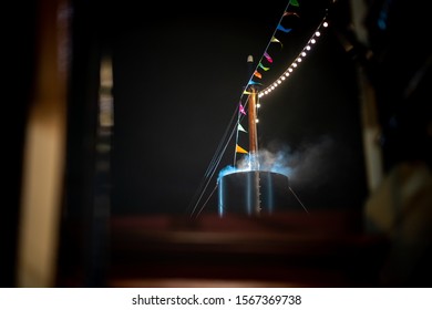 Steam Coming Out Of The Pipe Of A Vintage Steamship At Night, Sinterklaas