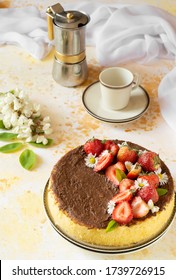 Steam Cooked Cake Decorating With Daisies, Strawberry And Chocolate Sauce.