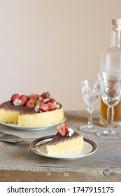 Steam Cooked Cake Decorating With Daisies, Strawberry And Chocolate Sauce.