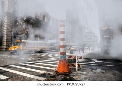 Steam Heat Pipe On New York City Street Construction Work Make Fog And Smoke