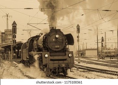 Steam Locomotive, Cottbus, Germany. Industrial Revolution. Sepia Tone Photo.