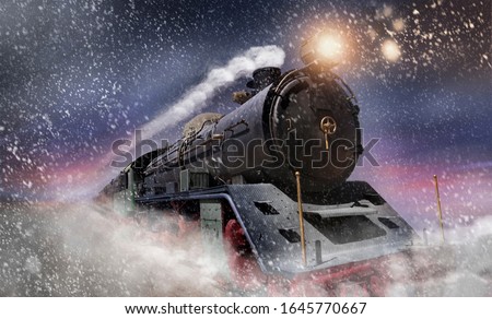 A steam locomotive drives through a snowstorm at high speed at dusk