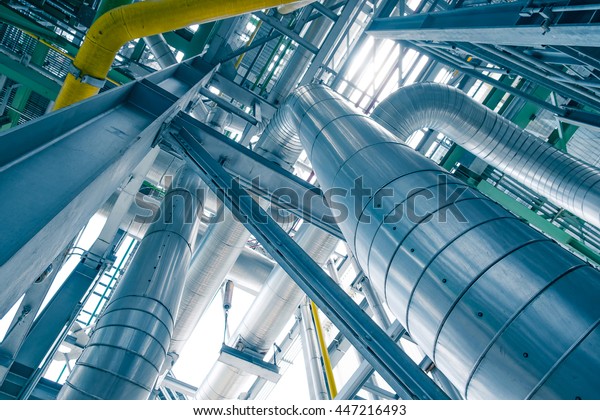 Steam piping with thermal insulation in Boiler\
of power plant (Blue tone\
filtered)