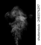 Steam, smoke, vapor isolated on black background. Smoke steam spray, abstract vaporing water, texture of cold mist, hot vapor, fog effect closeup, black screen. Hot food, drink. Overlay using