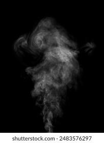 Steam, smoke, vapor isolated on black background. Smoke steam spray, abstract vaporing water, texture of cold mist, hot vapor, fog effect closeup, black screen. Hot food, drink. Overlay using