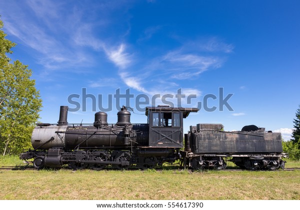 Steam Train with Copy Space
- Dramatic view of an old steam train engine.  Abandoned locomotive
and coal car seen on the prairie with copy space in blue sky if
needed.