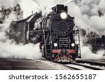 Steam train departs from Riga railway station. Moscow. Russia.