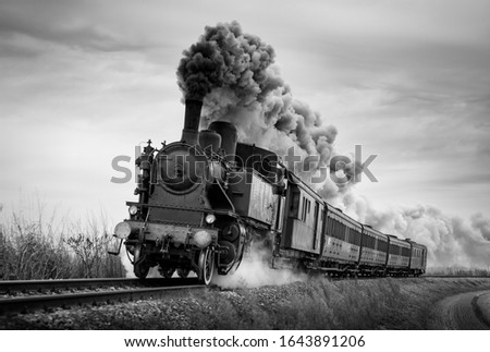 Steam train runs on the tracks on a cloudy day. Black and white photography.