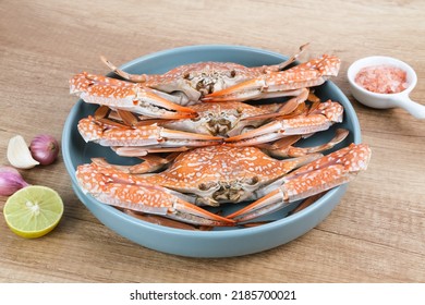 Steamed Blue Crab Served On Plate, Food Preparation. Close Up
