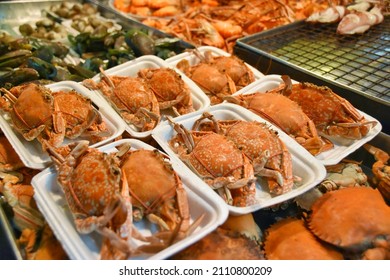 Steamed Blue Crabs Arranged On Styrofoam Box At Seafood Store.Crab's Nutritious Seafood That Contains Iodine For Nervous System Development But There's Penalty If Eating Much Leads To Kidney Disease