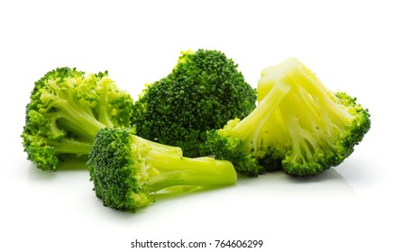 Steamed Broccoli Isolated On White Background Four Pieces
