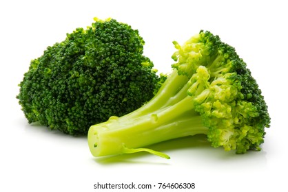 Steamed Broccoli Isolated On White Background Two Pieces
