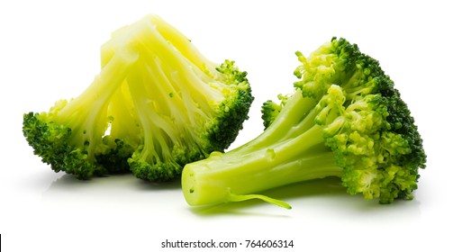 Steamed Broccoli Isolated On White Background Two Pieces
