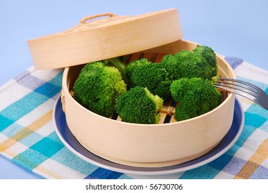 Steamed Broccoli On Bamboo Steamer