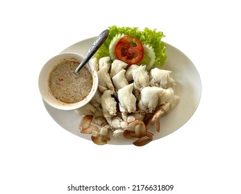 Steamed Crab Leg with Seafood Dipping Sauce. isolated on white background. top view