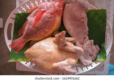 Steamed Fish, Pork Belly, Whole Boiled Chicken In Chinese New Year From Thailand