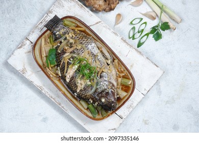 Steamed Fish With Soy Sauce, Chinese Food.from Top View 