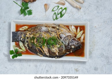 Steamed Fish With Soy Sauce, Chinese Food.from Top View 