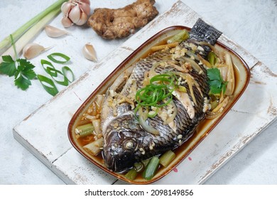 Steamed Fish With Soy Sauce, Chinese Food.from Top View 