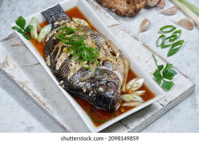 Steamed Fish With Soy Sauce, Chinese Food.from Top View 