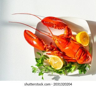 Steamed Fresh Red Lobster On A White Plate With Parsley And Lemon.  One The Best Of Seafood. View From Above. Copy Space