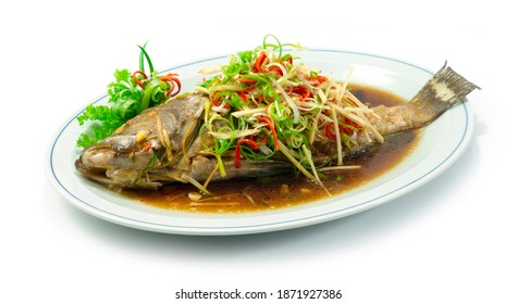 Steamed Grouper Fish With Soy Sauce Chinese Food Style Sideview