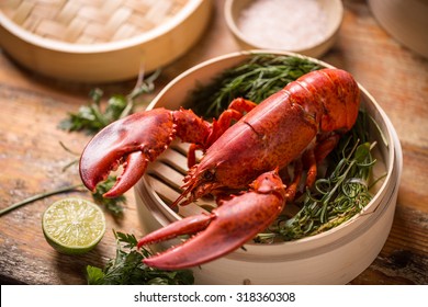 Steamed lobster in bamboo steamer
