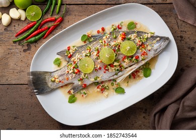 Steamed Seabass with Spicy Chili and Lemon Sauce.Top view