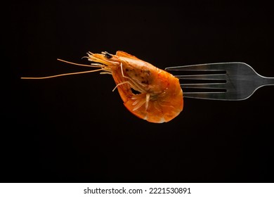 Steamed  Shrimp Steam On Fork Isolated Black Background Copy Space. Isolated Black Background Backlight  Backlit Food Concept Ready To Eat