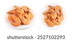 Steamed shrimps. Seafood, shellfish. Shrimps prawns on plate. isolated on white background.