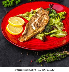 Steamed Snapper (pacific Ocean Perch, Sea Bass, Ruby Perch) With Soy Sauce, Lemon, Ginger And Parsley In Asian Style. Healthy Cooking