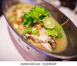 Steamed Snapper (pacific Ocean Perch, Sea Bass, Ruby Perch) Hotpot In Spicy Lemon Sauce In Asian Thai Style. Healthy Cooking And Eating.