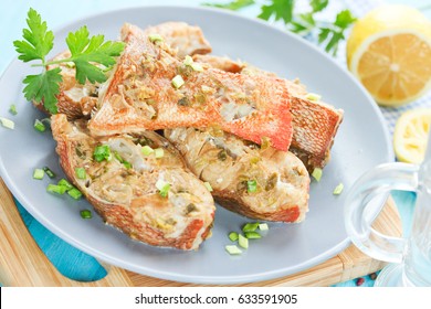 Steamed Snapper (pacific Ocean Perch, Sea Bass, Ruby Perch) With Soy Sauce, Lemon, Ginger And Parsley In Asian Style. Healthy Cooking