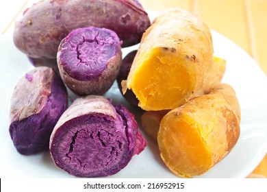 Steamed Sweet Potato Or Cooked Yams, Yellow And Purple.