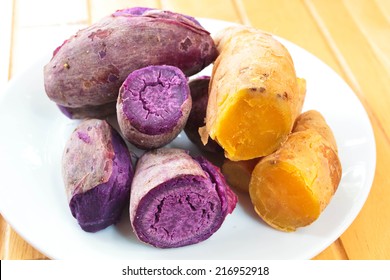 Steamed Sweet Potato Or Cooked Yams, Yellow And Purple.