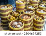 Steamer baskets containing dim sum, popular in south-eastern Asia, at a restaurant in George Town, Penang, Malaysia.