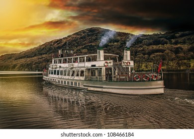 Steamer On Lake Windermere At Sunset