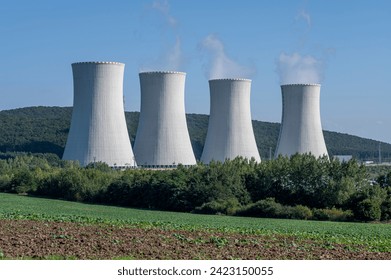 Steaming Cooling towers of nuclear power plant Mochovce, Unit 3 and Unit 4 construction. Nuclear power station.