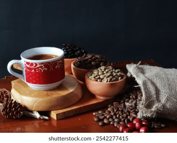   A steaming cup of coffee sits next to bowls filled with roasted beans and green coffee cherries on a wooden surface, creating an inviting and warm ambiance.                - Powered by Shutterstock