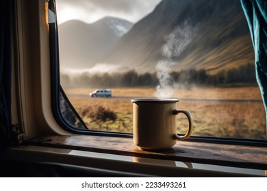 Steaming cup of coffee in a van life campervan living the slow life - Powered by Shutterstock