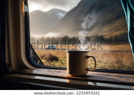 Steaming cup of coffee in a van life campervan living the slow life