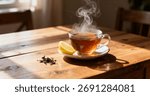 A steaming cup of tea with a lemon slice sits on a wooden table, surrounded by loose tea leaves, bathed in warm morning sunlight, creating a calm and inviting atmosphere